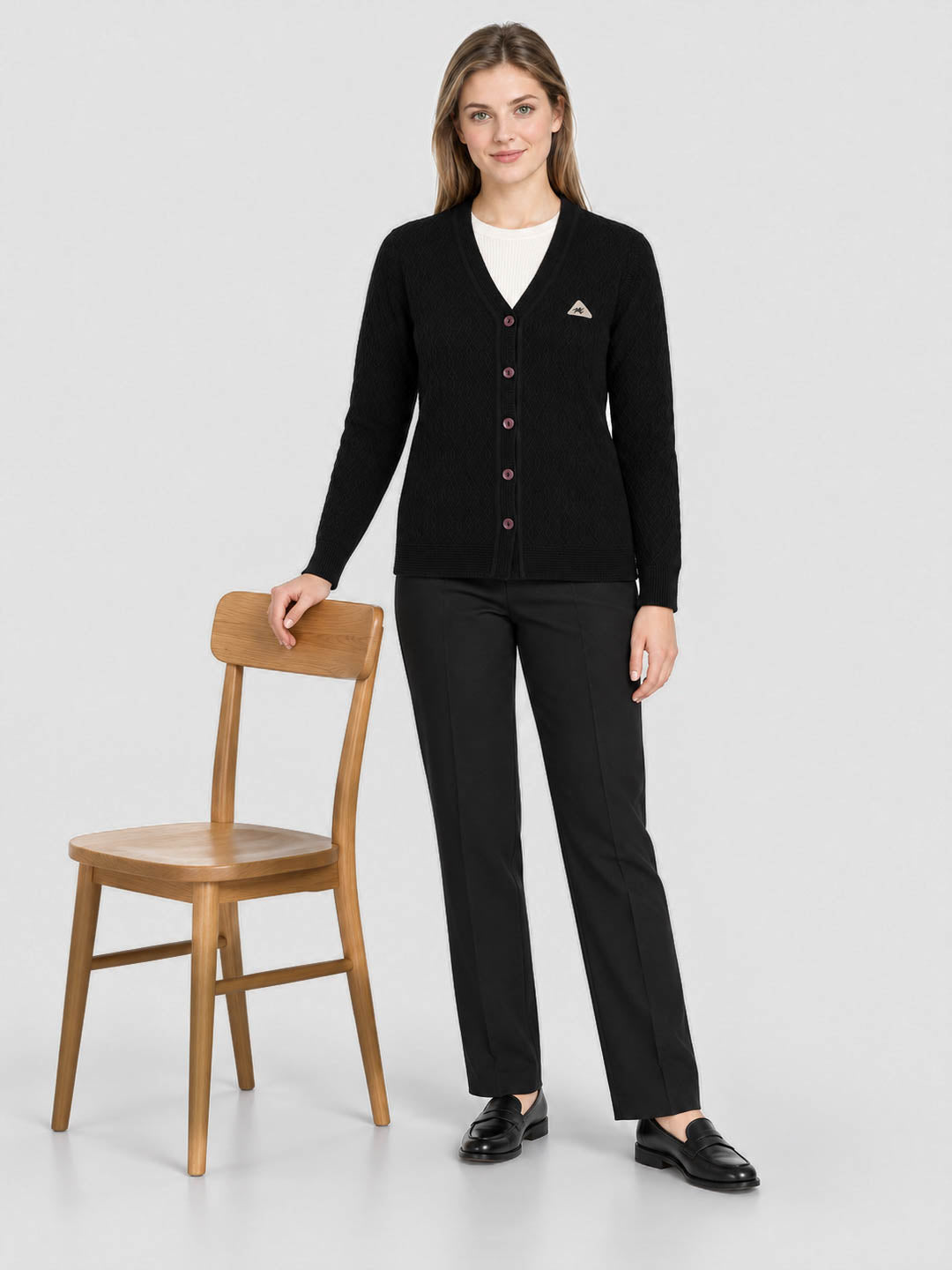 Women Black Self Design V Neck Full Sleeve Cardigan