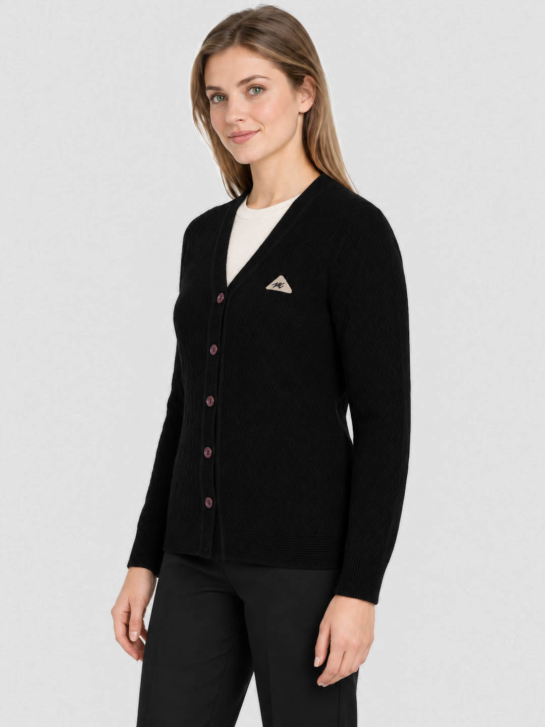 Women Black Self Design V Neck Full Sleeve Cardigan
