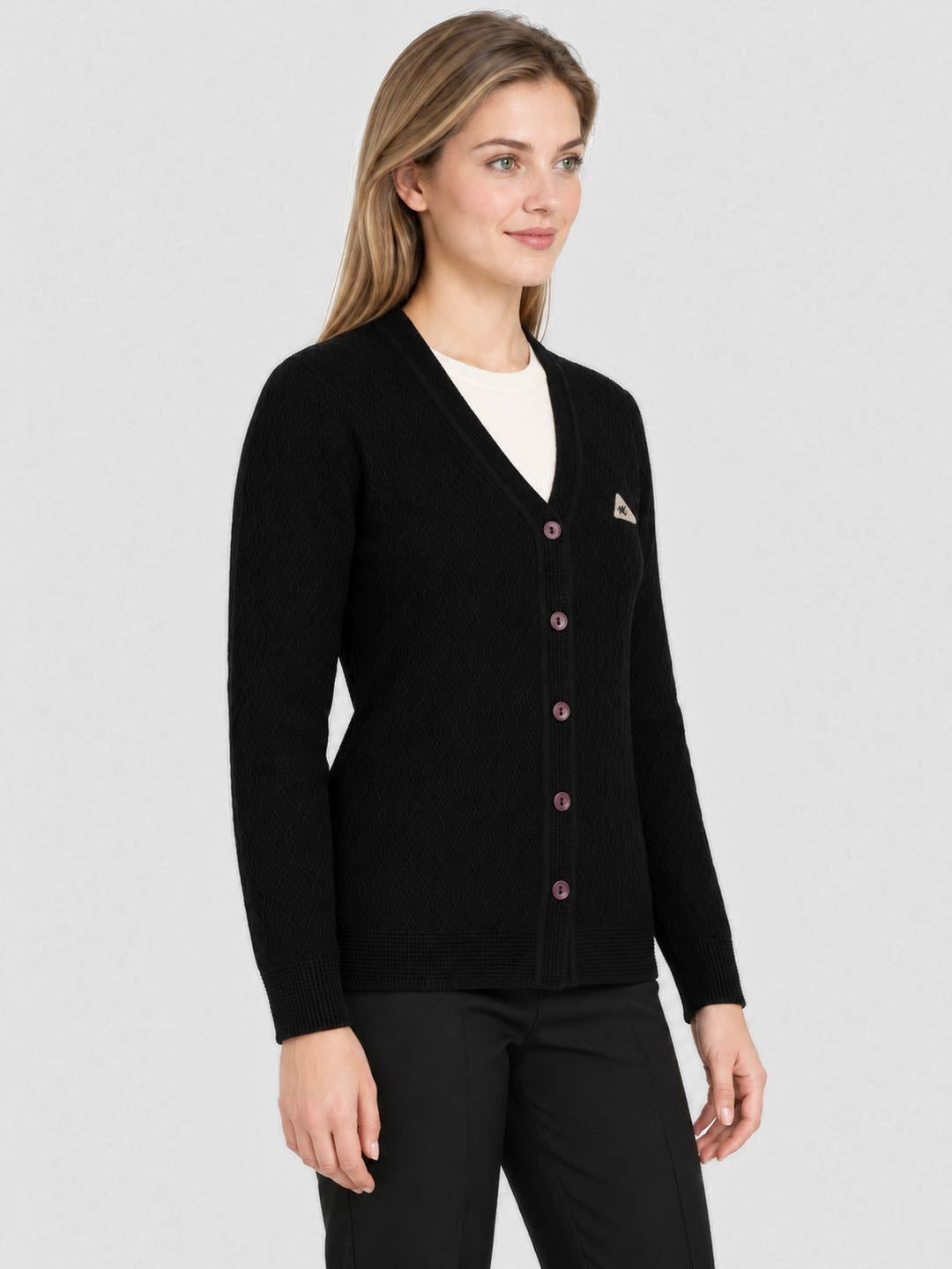 Women Black Self Design V Neck Full Sleeve Cardigan