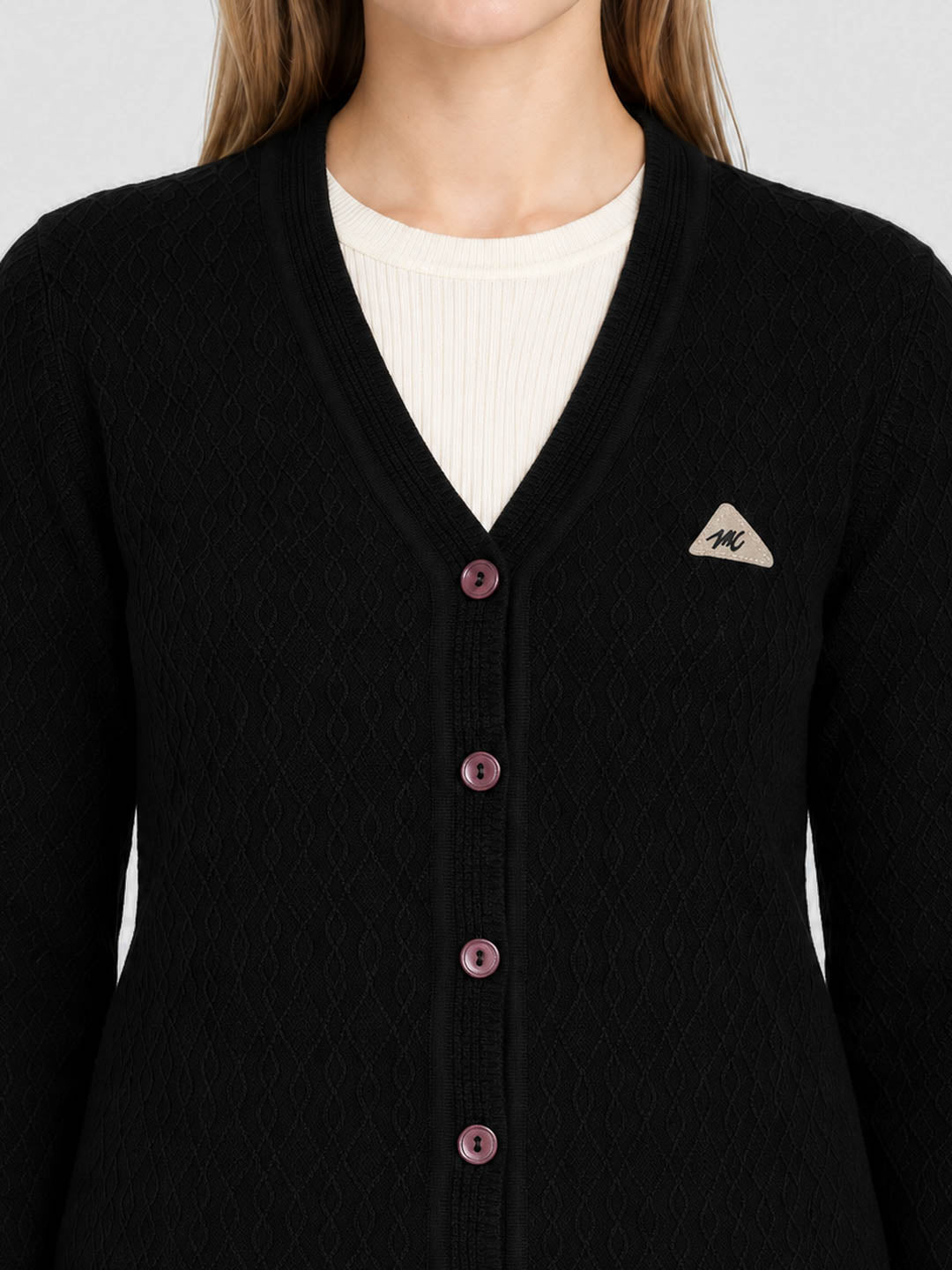 Women Black Self Design V Neck Full Sleeve Cardigan