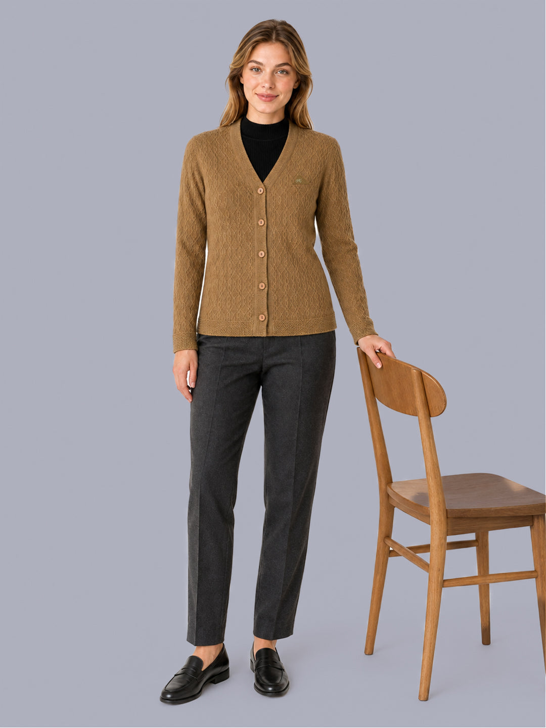 Women Camel Brown Self Design V Neck Full Sleeve Cardigan