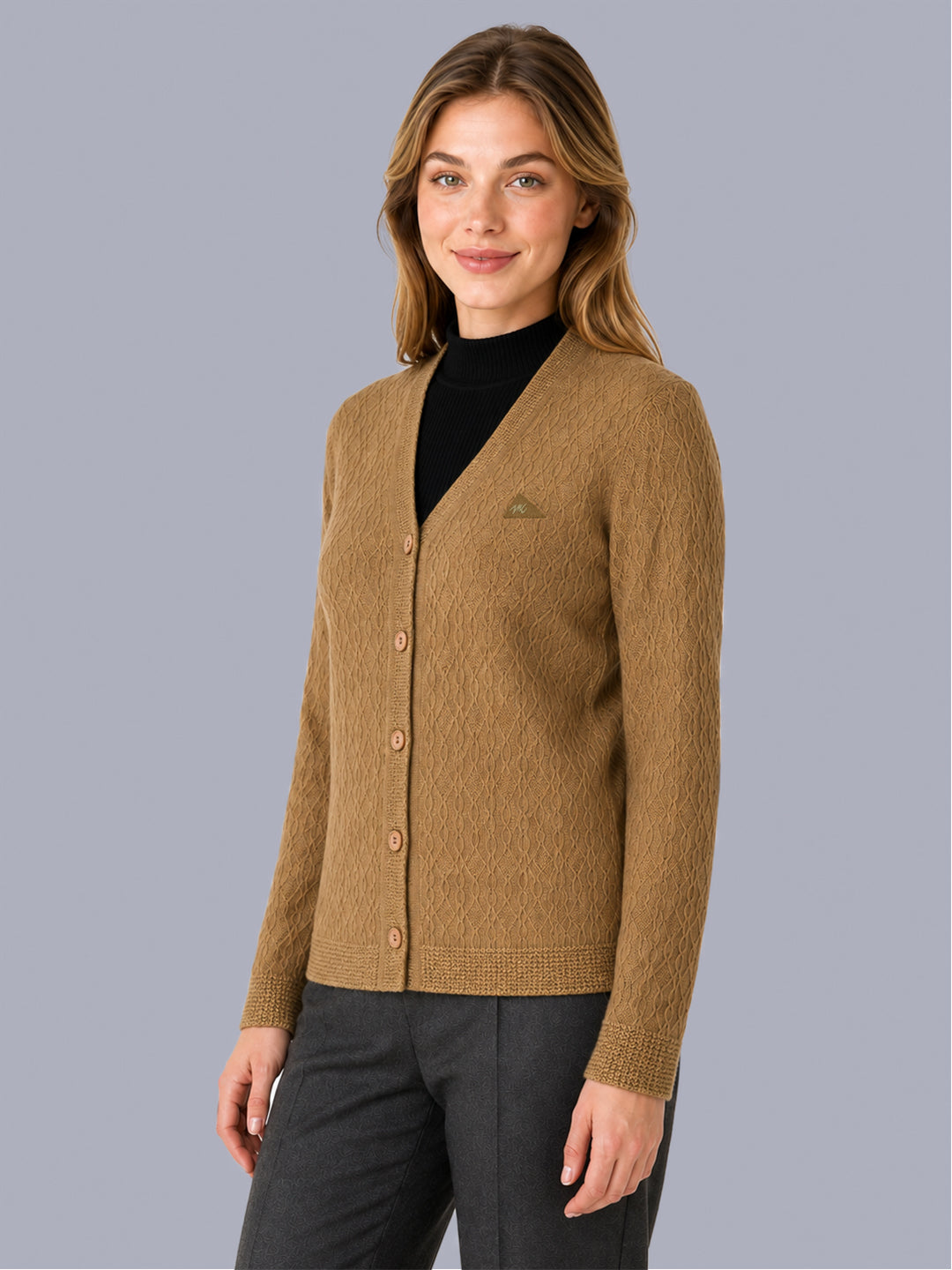 Women Camel Brown Self Design V Neck Full Sleeve Cardigan