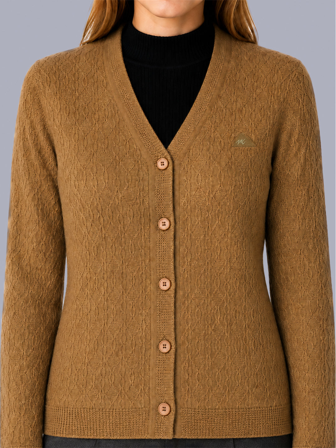 Women Camel Brown Self Design V Neck Full Sleeve Cardigan