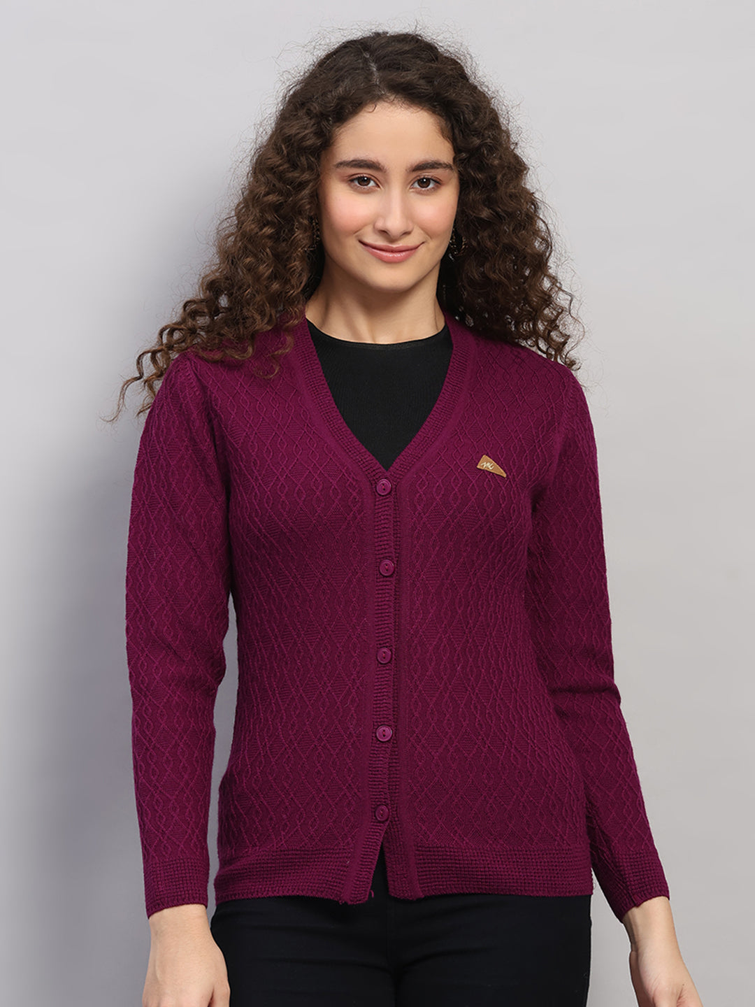 Women Purple Self Design V Neck Full Sleeve Cardigan