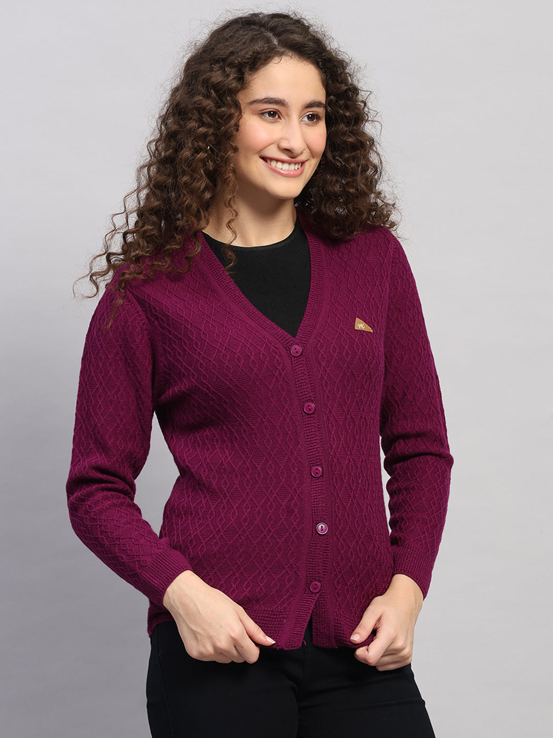 Women Purple Self Design V Neck Full Sleeve Cardigan