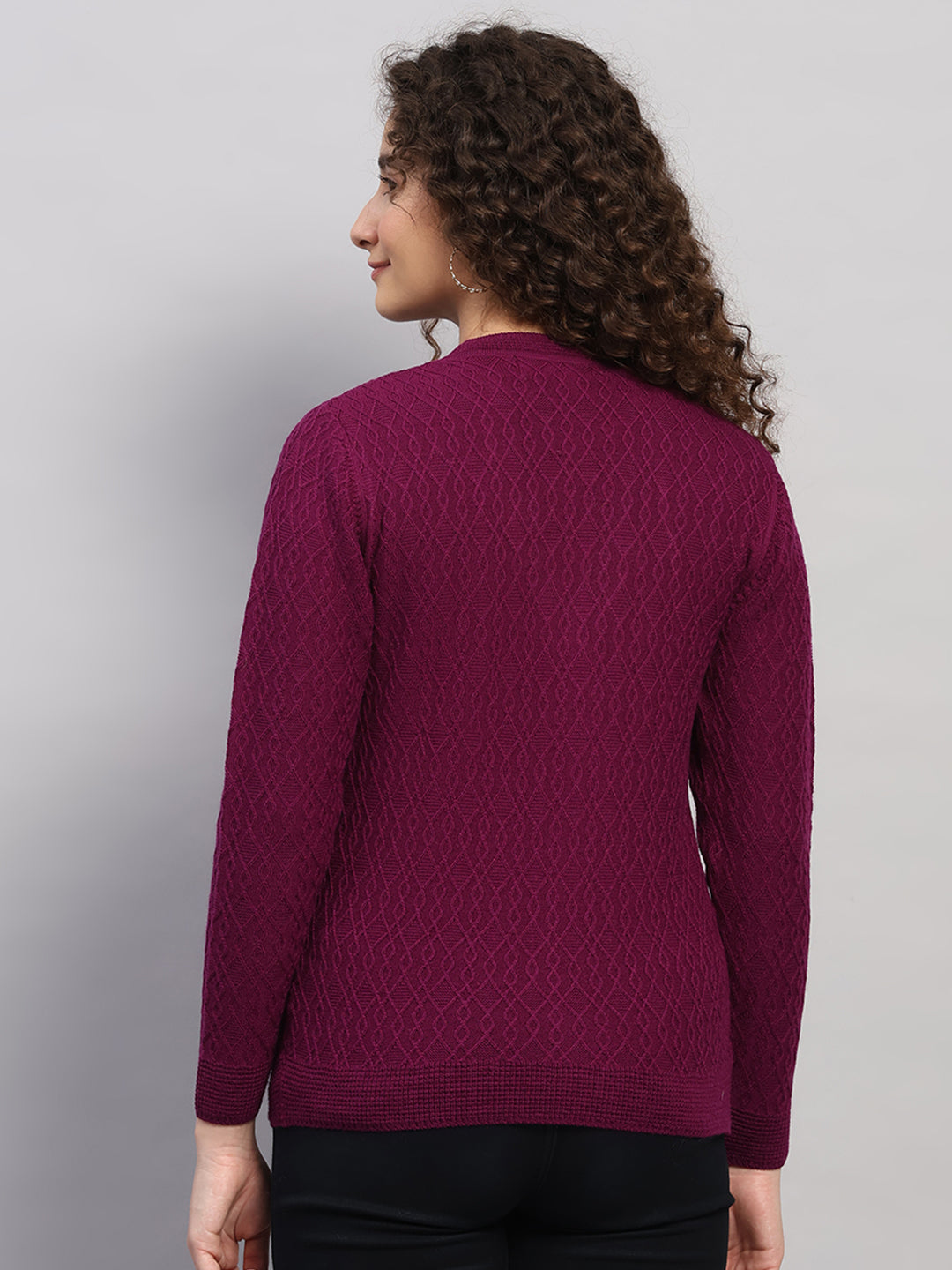 Women Purple Self Design V Neck Full Sleeve Cardigan
