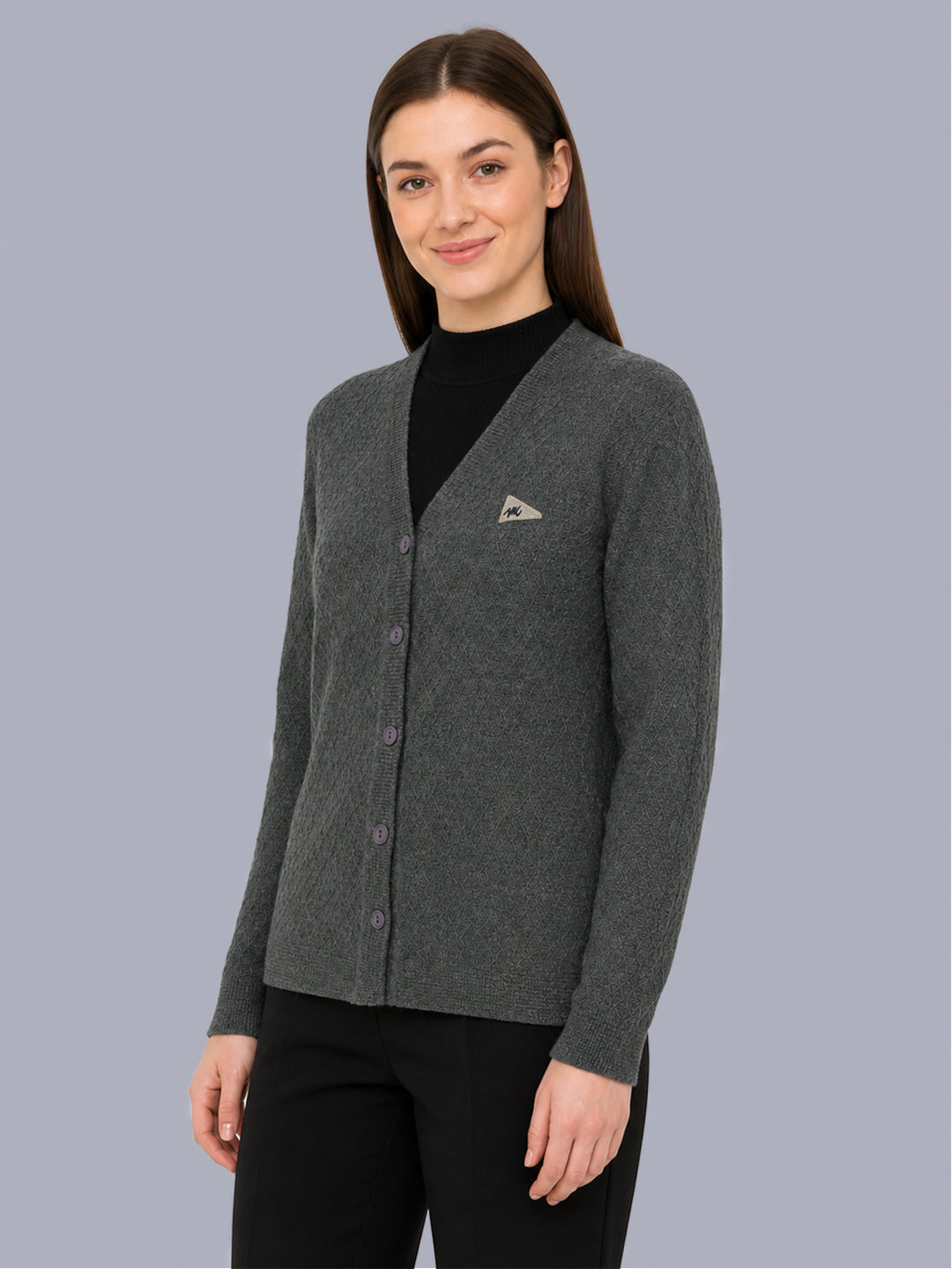 Women Grey Self Design V Neck Full Sleeve Cardigan