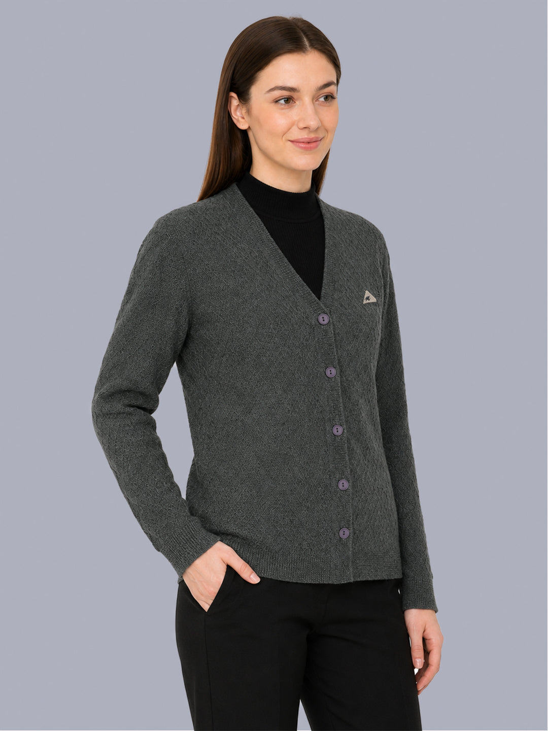 Women Grey Self Design V Neck Full Sleeve Cardigan