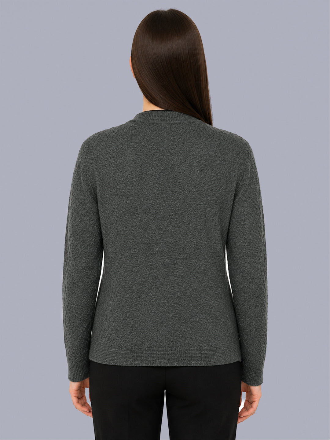 Women Grey Self Design V Neck Full Sleeve Cardigan