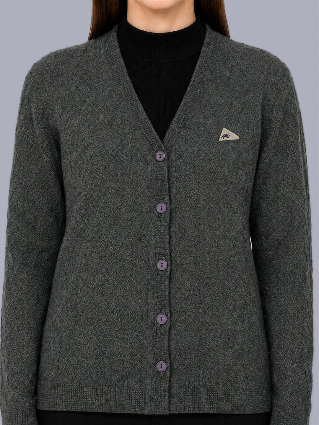 Women Grey Self Design V Neck Full Sleeve Cardigan
