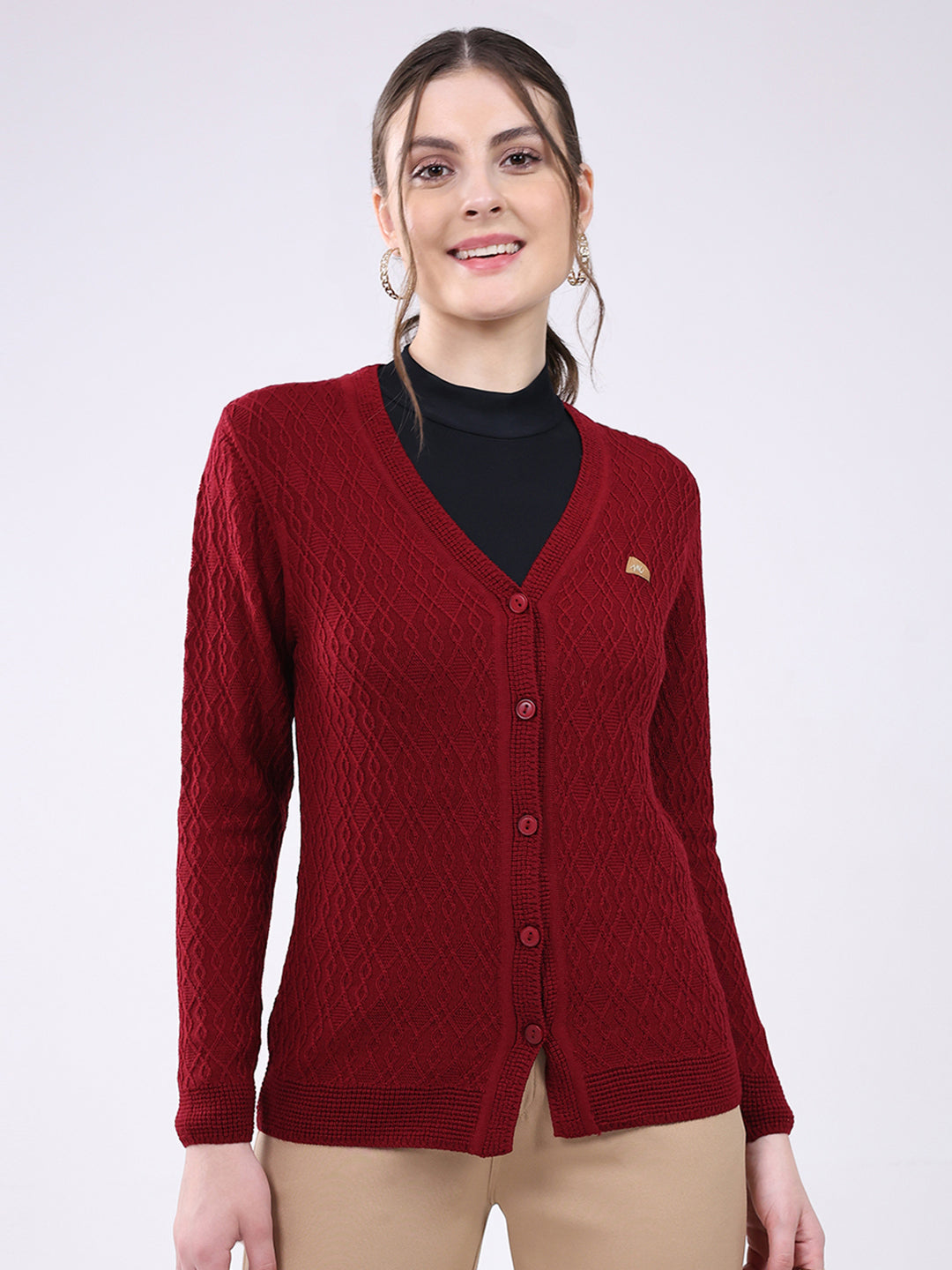 Women Maroon Self Design V Neck Full Sleeve Cardigan