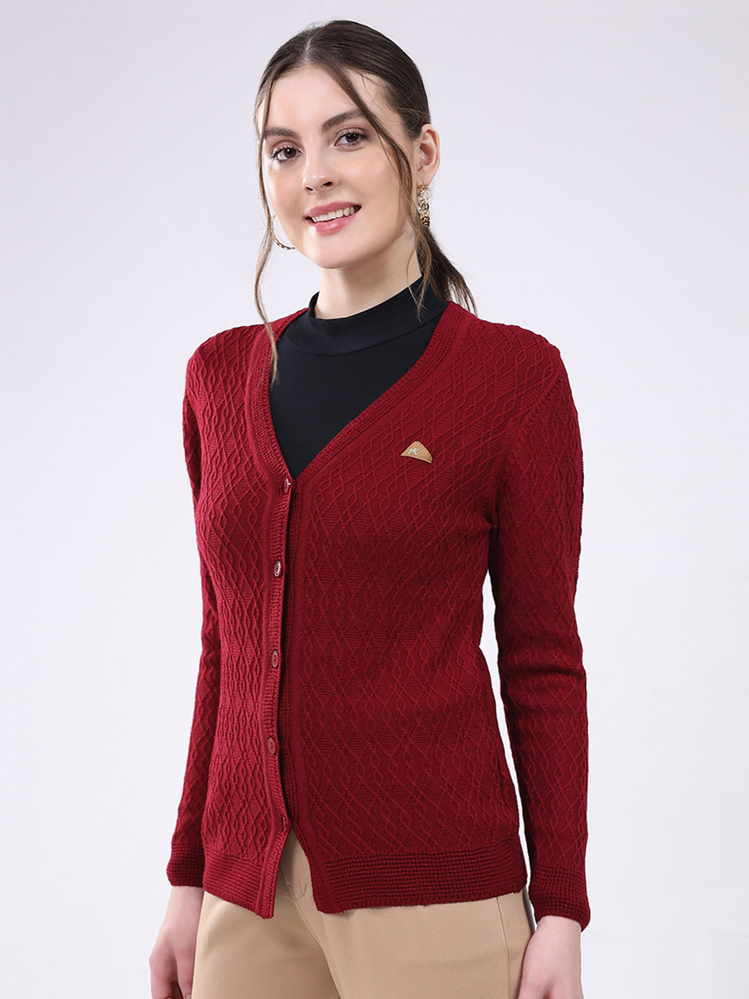 Women Maroon Self Design V Neck Full Sleeve Cardigan
