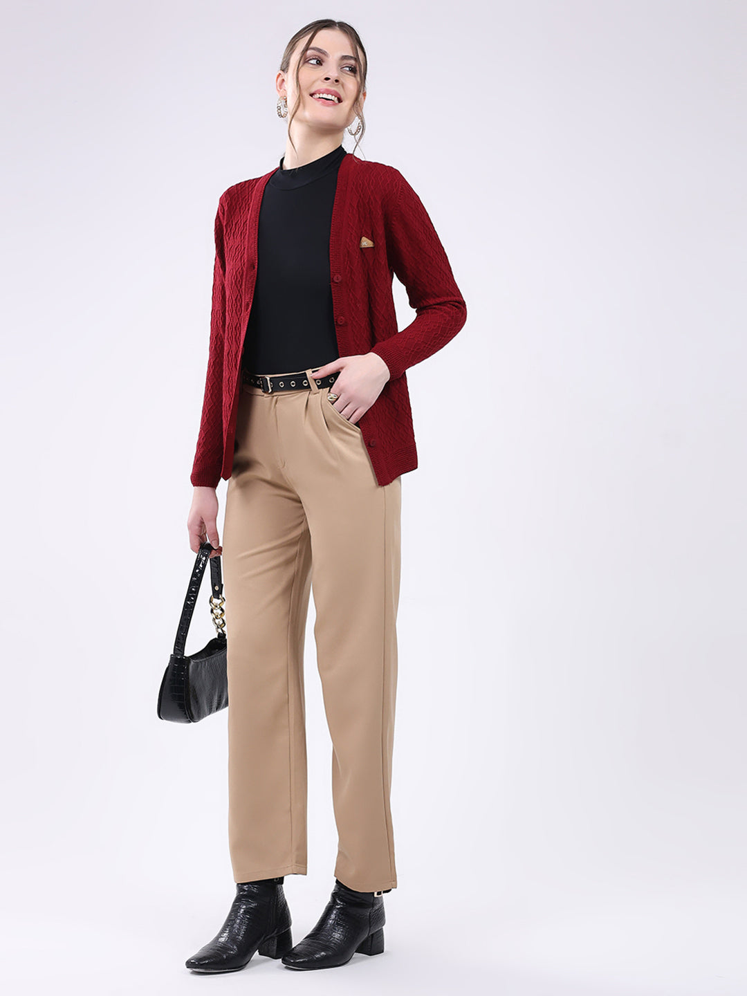 Women Maroon Self Design V Neck Full Sleeve Cardigan