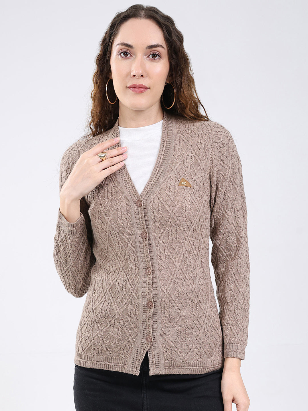 Women Beige Self Design V Neck Full Sleeve Cardigan