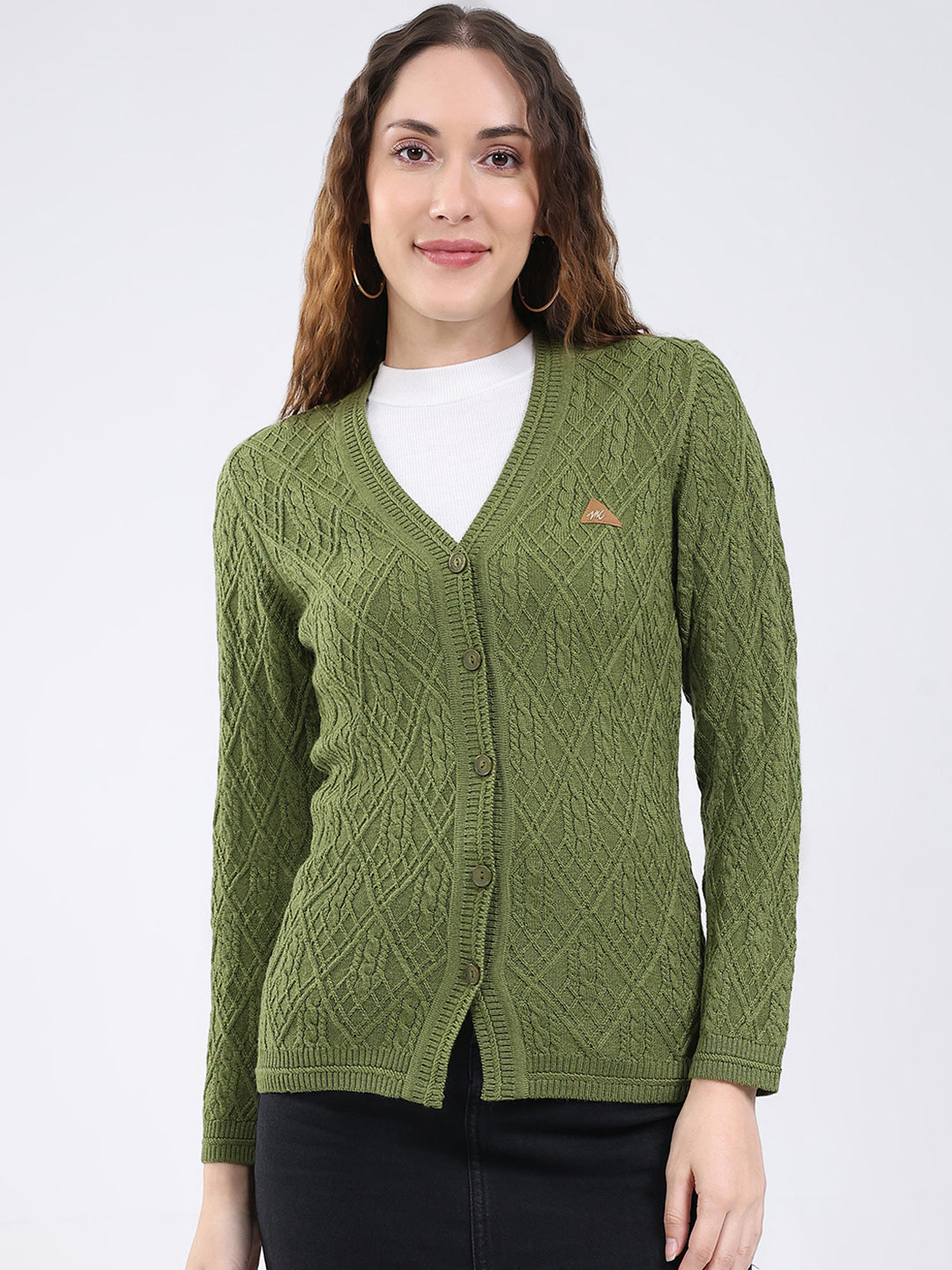 Women Green Self Design V Neck Full Sleeve Cardigan