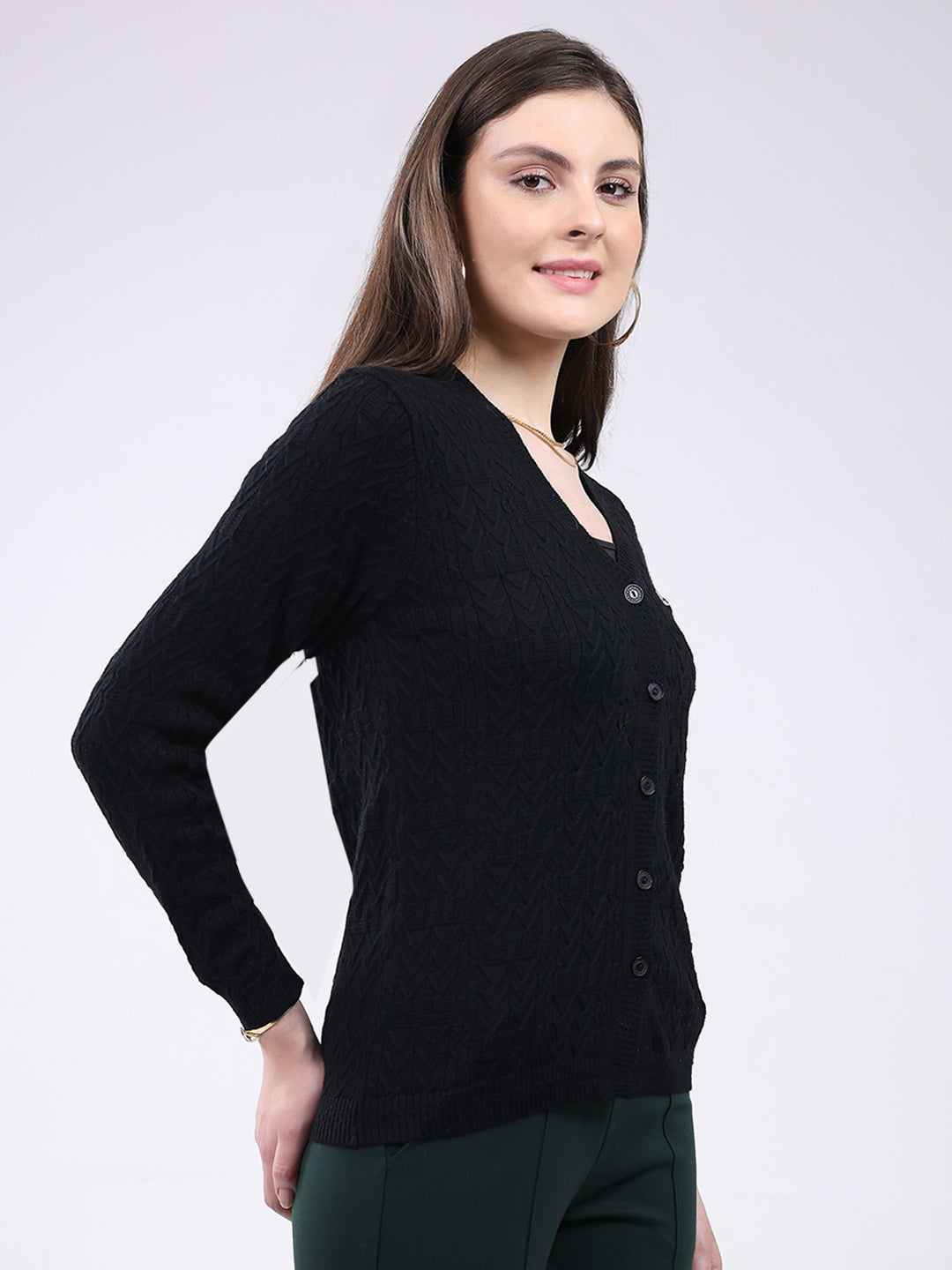 Women Black Self Design V Neck Full Sleeve Cardigan