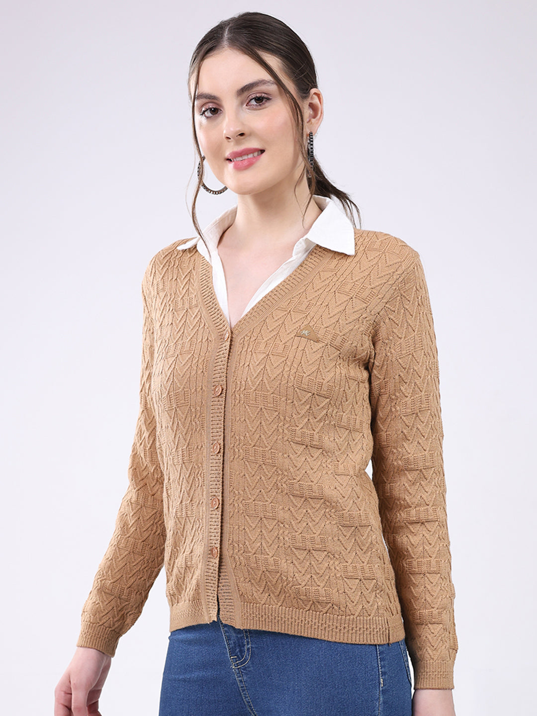 Women Khaki Self Design V Neck Full Sleeve Cardigan