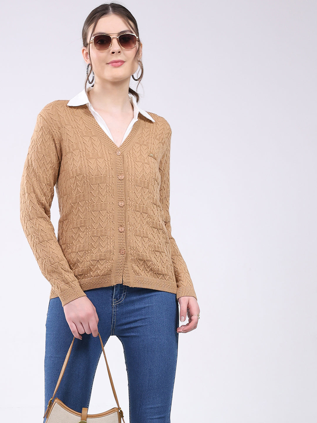 Women Khaki Self Design V Neck Full Sleeve Cardigan