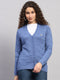 Women Blue Self Design V Neck Full Sleeve Cardigan