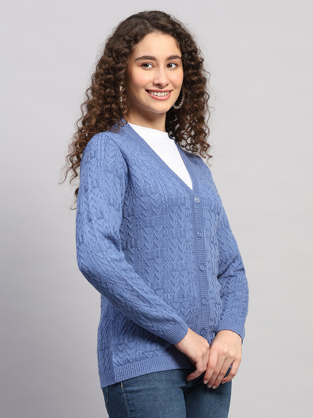 Women Blue Self Design V Neck Full Sleeve Cardigan