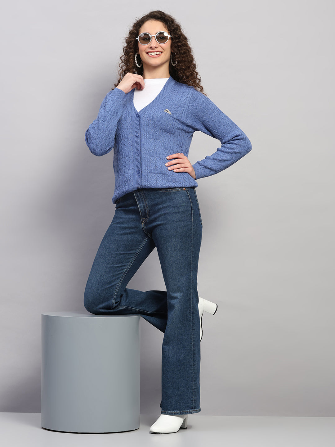 Women Blue Self Design V Neck Full Sleeve Cardigan