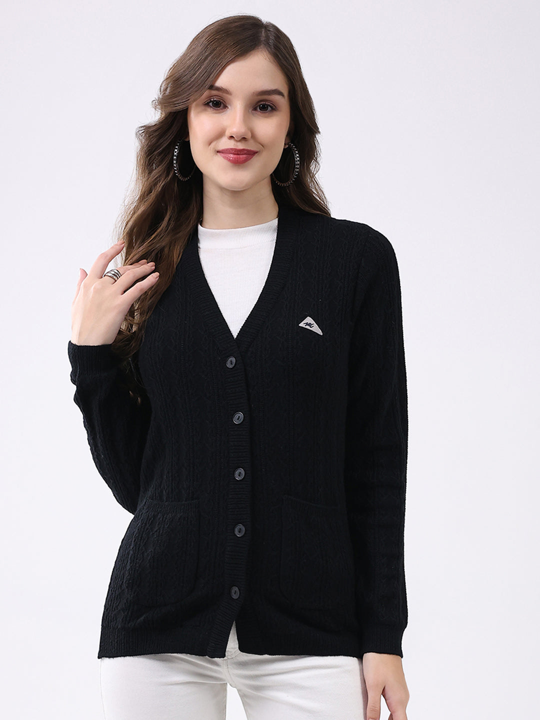 Women Black Self Design V Neck Full Sleeve Cardigan