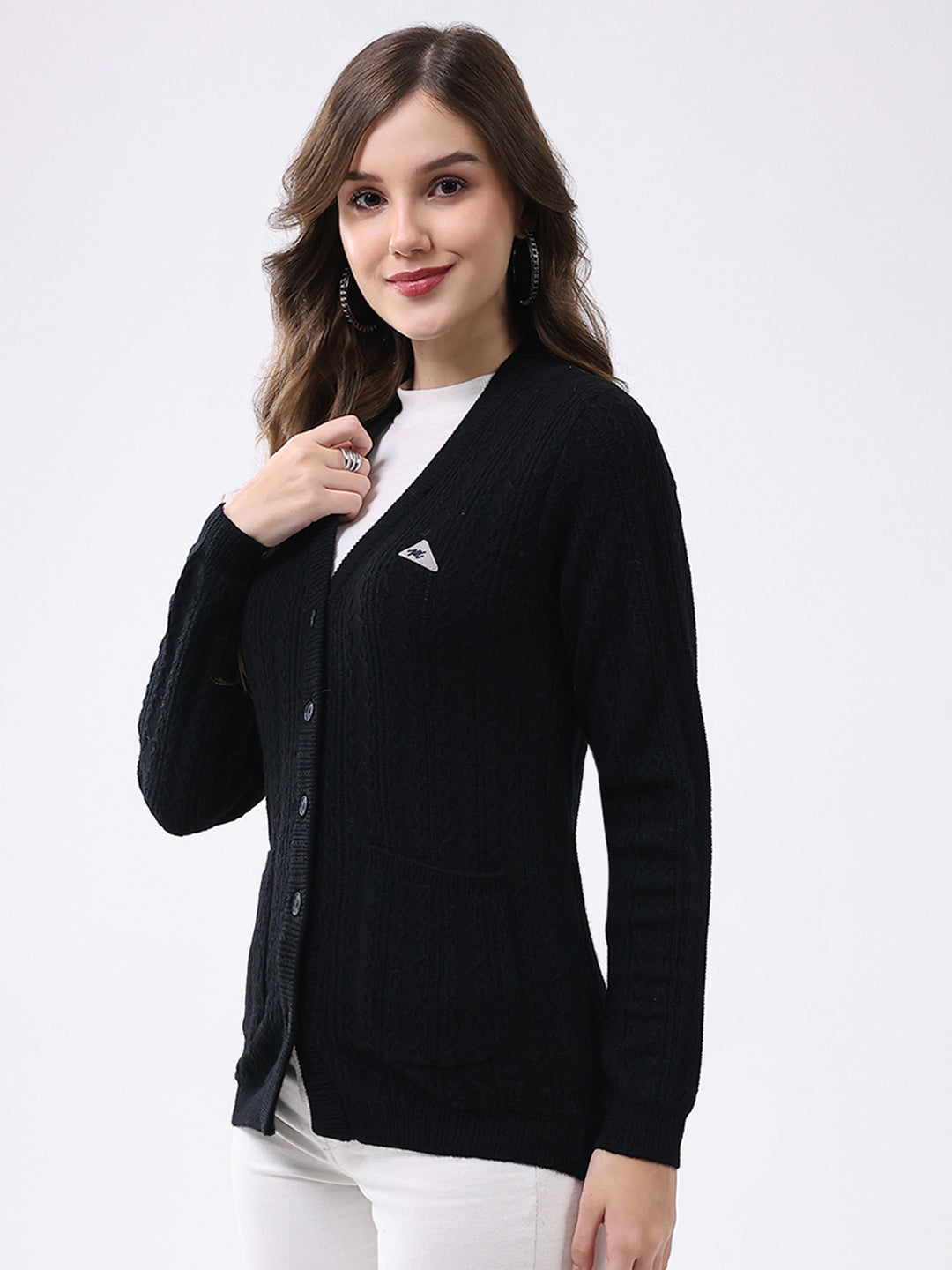 Women Black Self Design V Neck Full Sleeve Cardigan