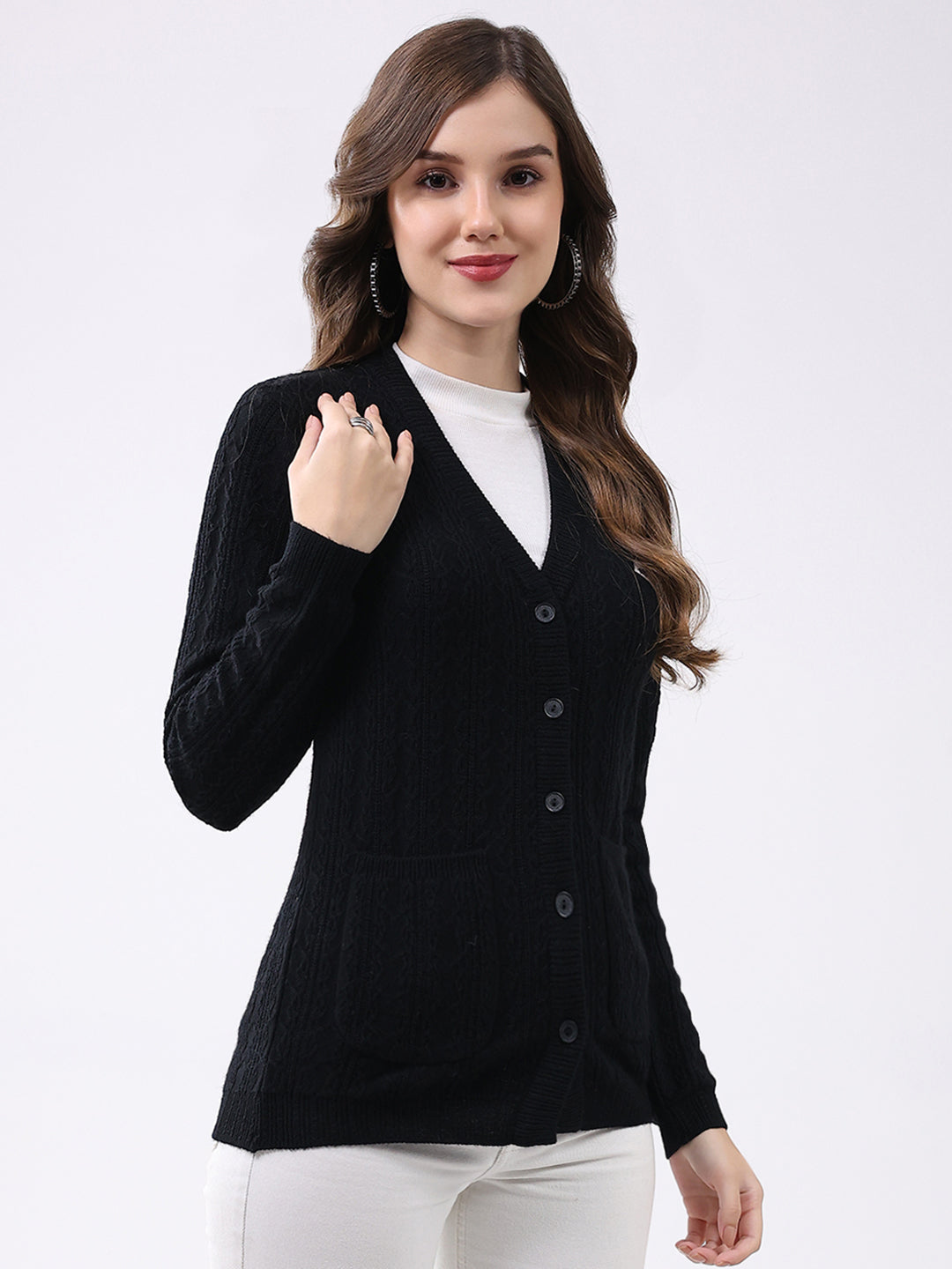 Women Black Self Design V Neck Full Sleeve Cardigan