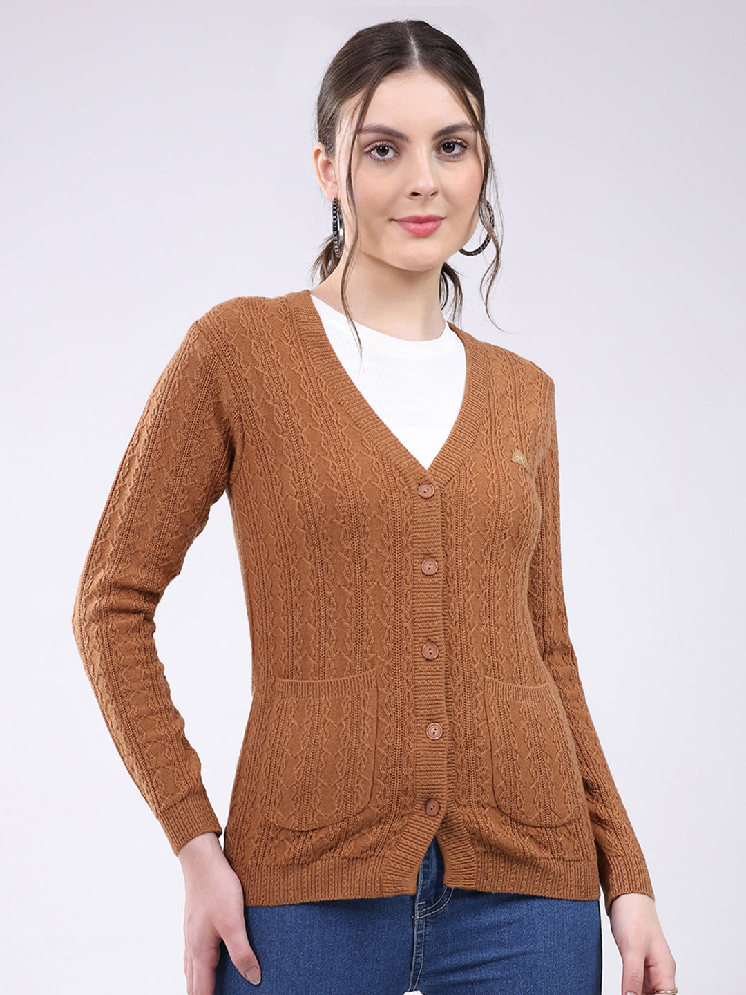 Women Brown Self Design V Neck Full Sleeve Cardigan
