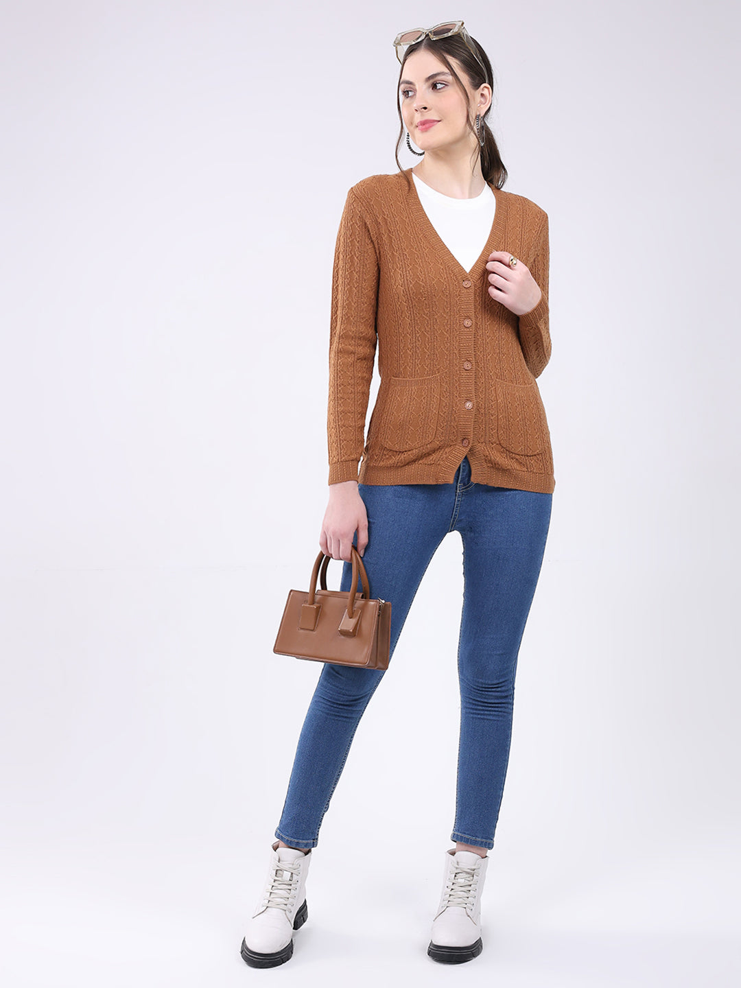 Women Brown Self Design V Neck Full Sleeve Cardigan