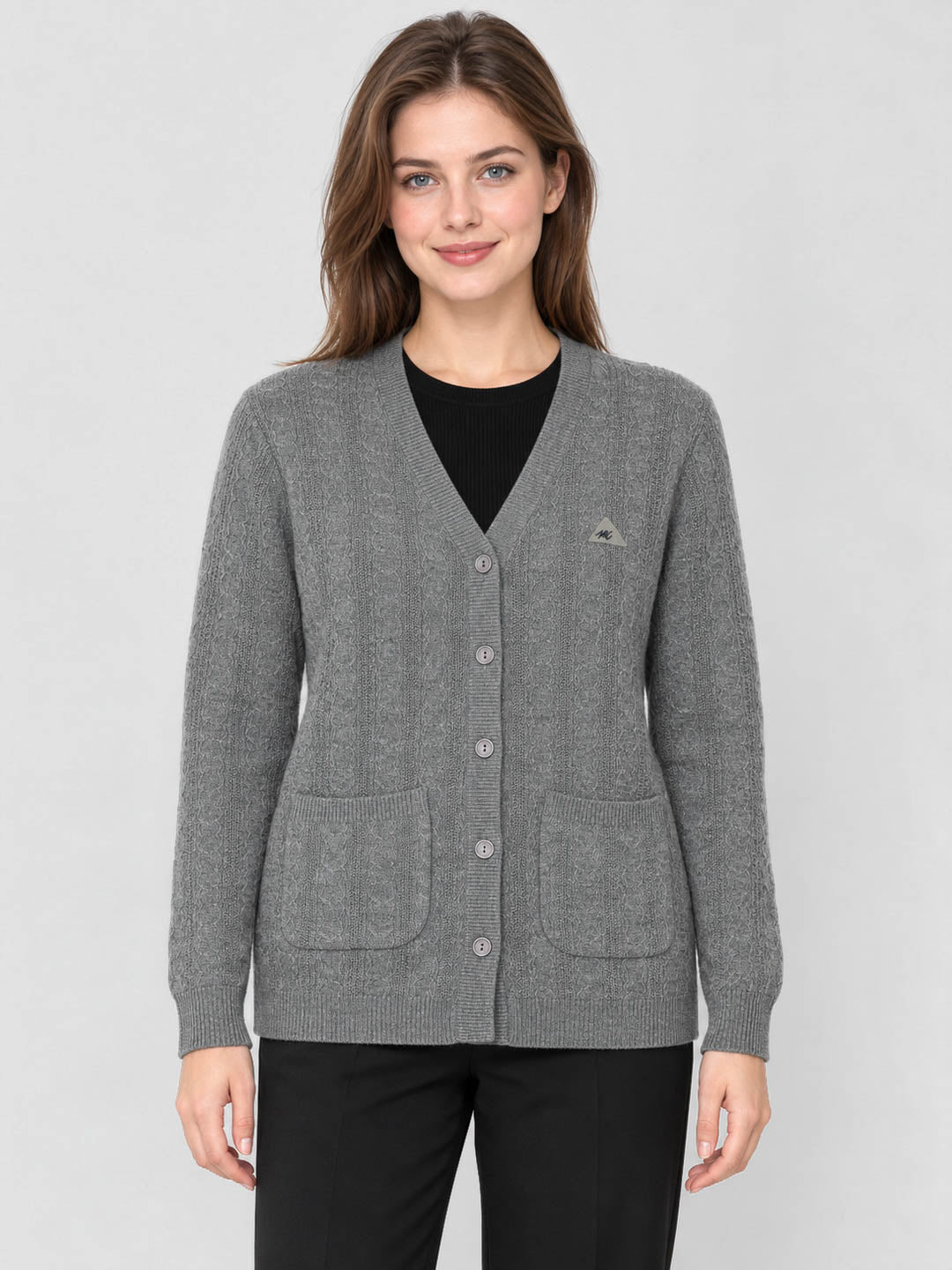 Women Grey Melange Self Design V Neck Full Sleeve Cardigan