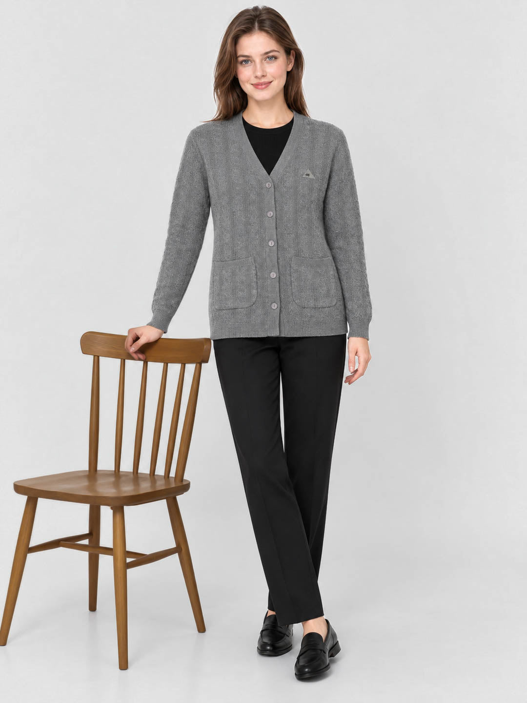 Women Grey Melange Self Design V Neck Full Sleeve Cardigan