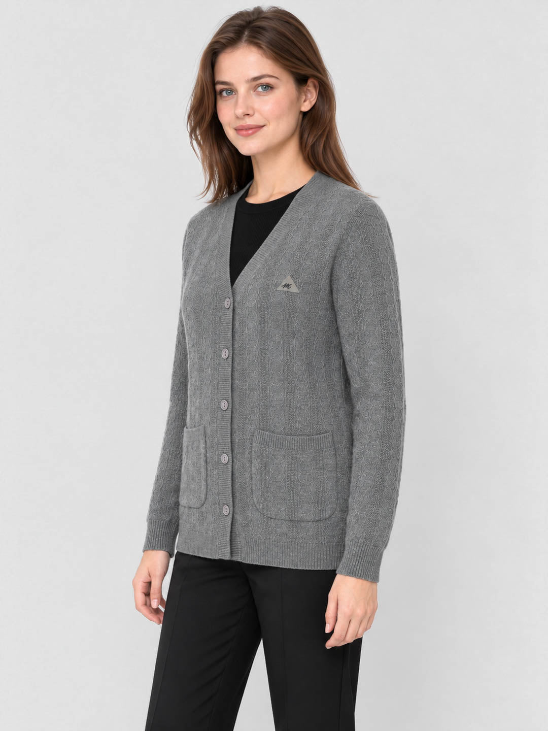 Women Grey Melange Self Design V Neck Full Sleeve Cardigan