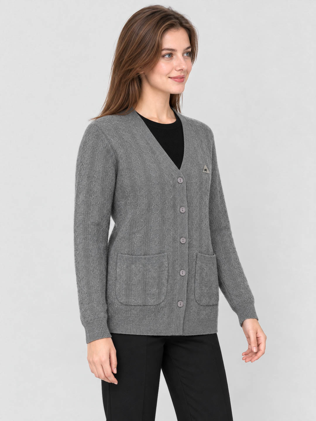 Women Grey Melange Self Design V Neck Full Sleeve Cardigan