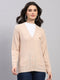 Women Beige Self Design V Neck Full Sleeve Cardigan