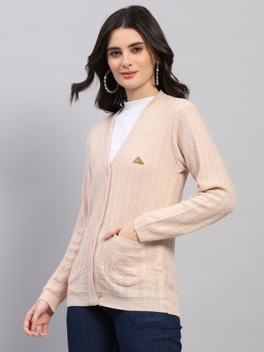 Women Beige Self Design V Neck Full Sleeve Cardigan
