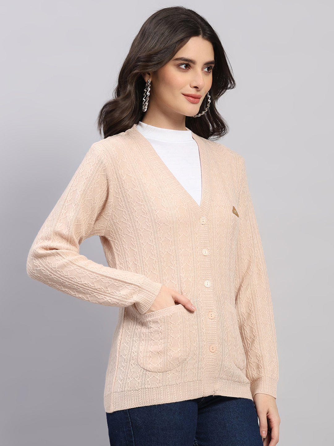 Women Beige Self Design V Neck Full Sleeve Cardigan