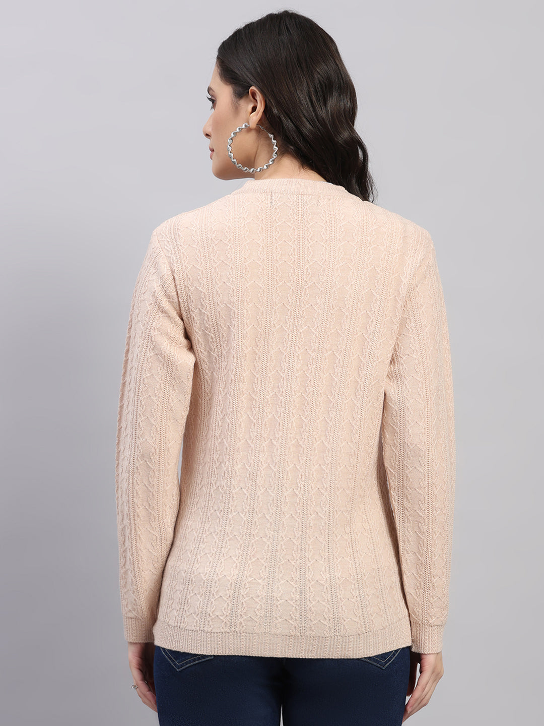 Women Beige Self Design V Neck Full Sleeve Cardigan