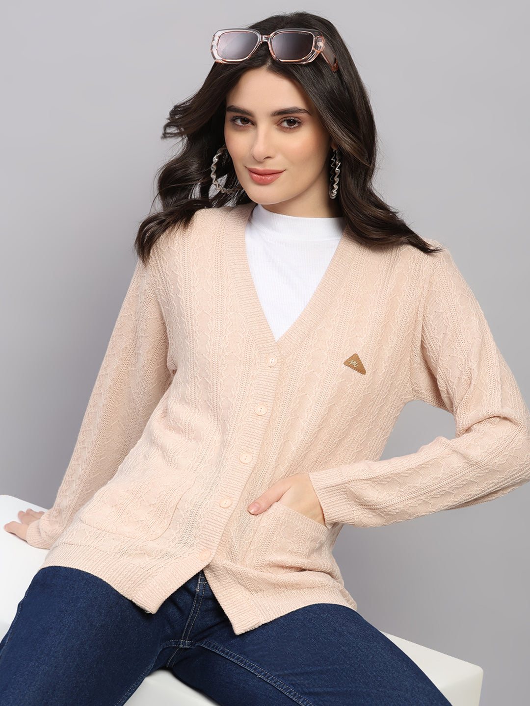 Women Beige Self Design V Neck Full Sleeve Cardigan