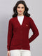 Women Maroon Self Design V Neck Full Sleeve Cardigan