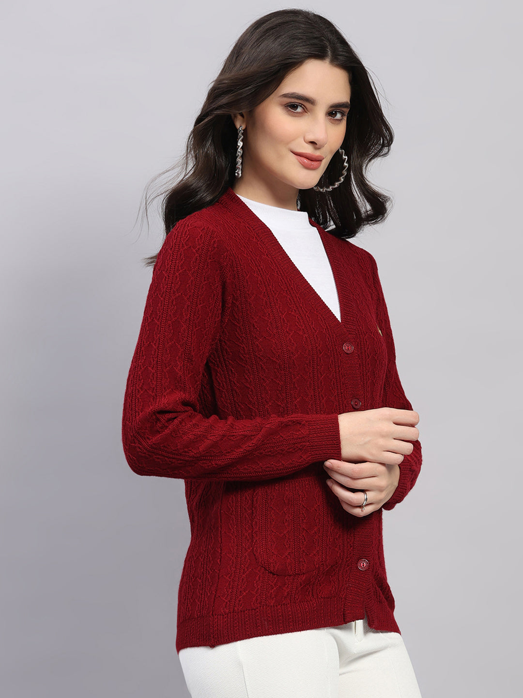 Women Maroon Self Design V Neck Full Sleeve Cardigan