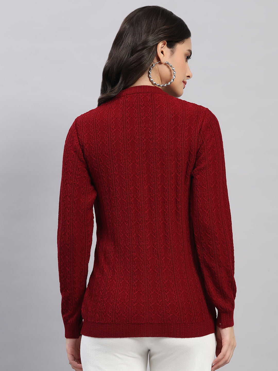 Women Maroon Self Design V Neck Full Sleeve Cardigan