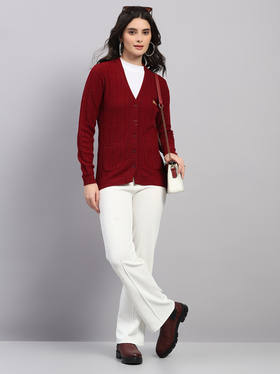 Women Maroon Self Design V Neck Full Sleeve Cardigan