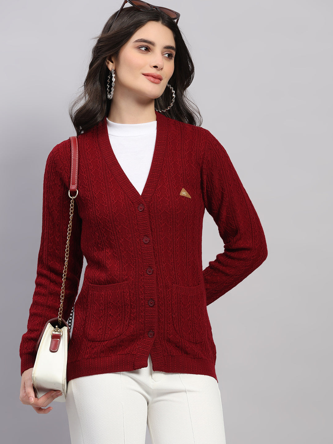 Women Maroon Self Design V Neck Full Sleeve Cardigan