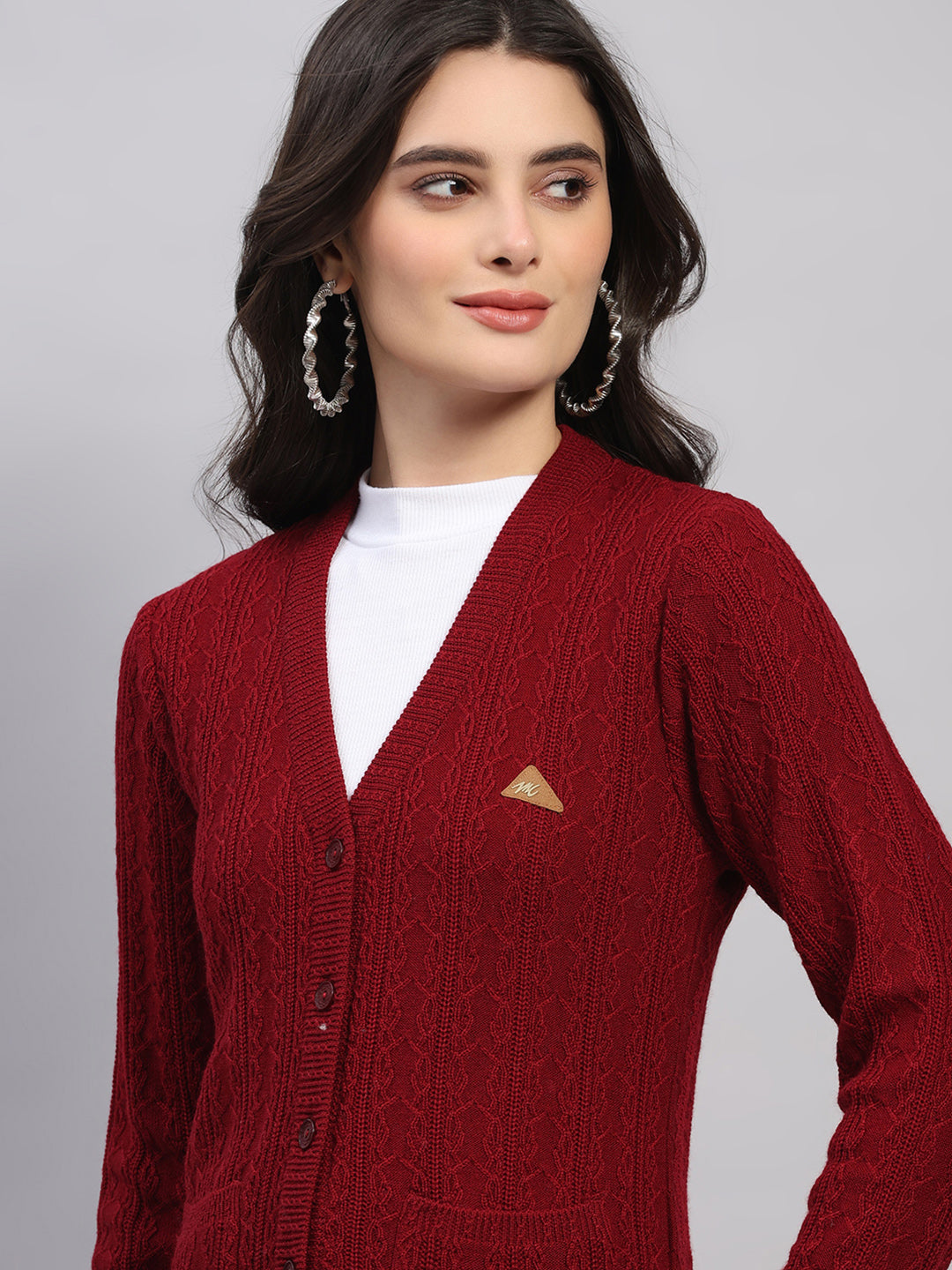 Women Maroon Self Design V Neck Full Sleeve Cardigan