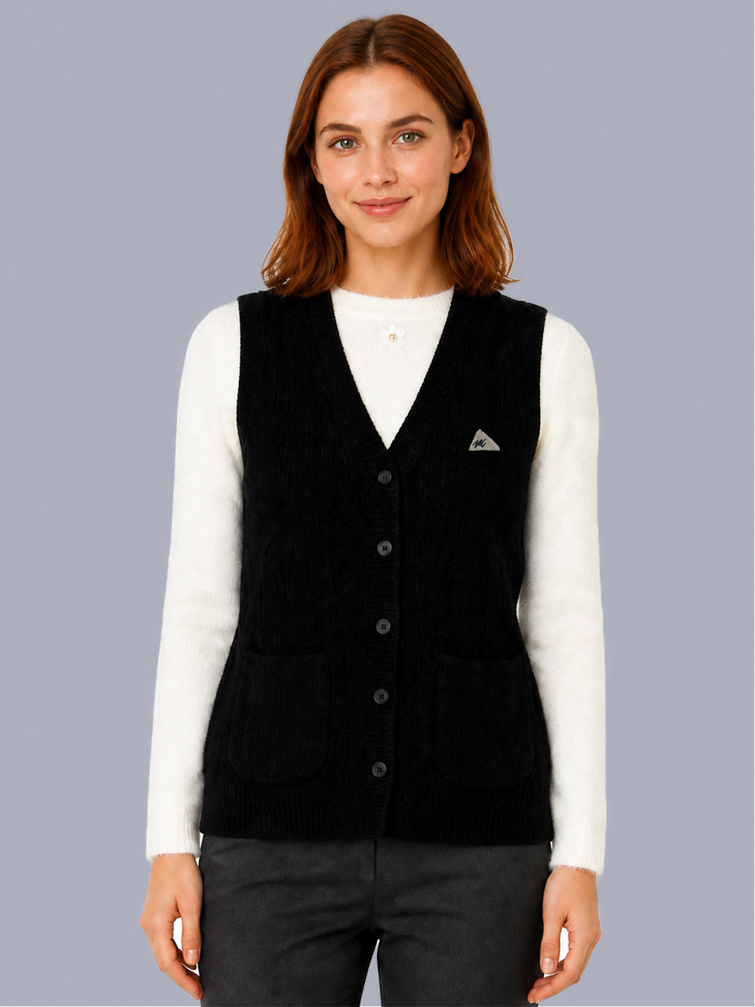 Women Black Self Design V Neck Sleeveless Cardigan