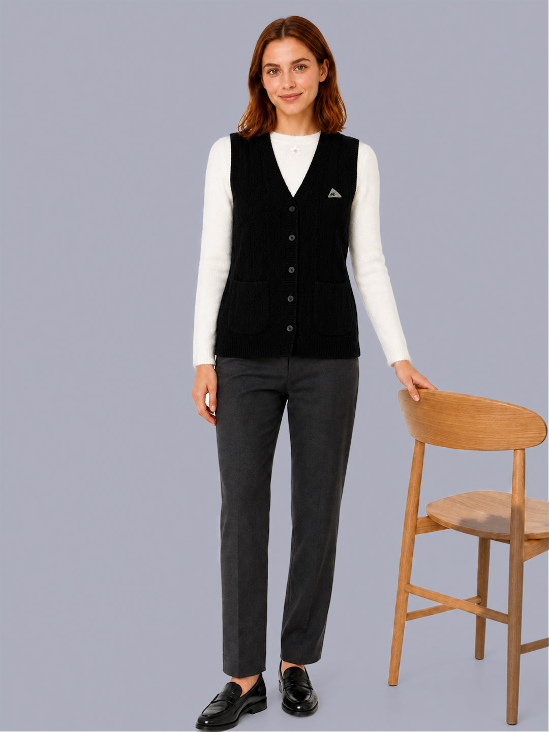 Women Black Self Design V Neck Sleeveless Cardigan