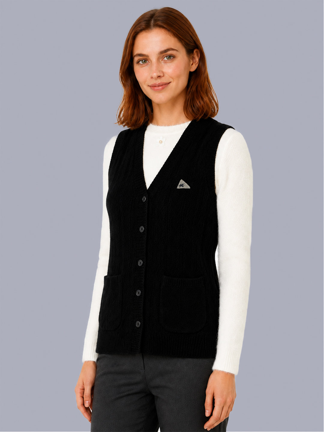 Women Black Self Design V Neck Sleeveless Cardigan