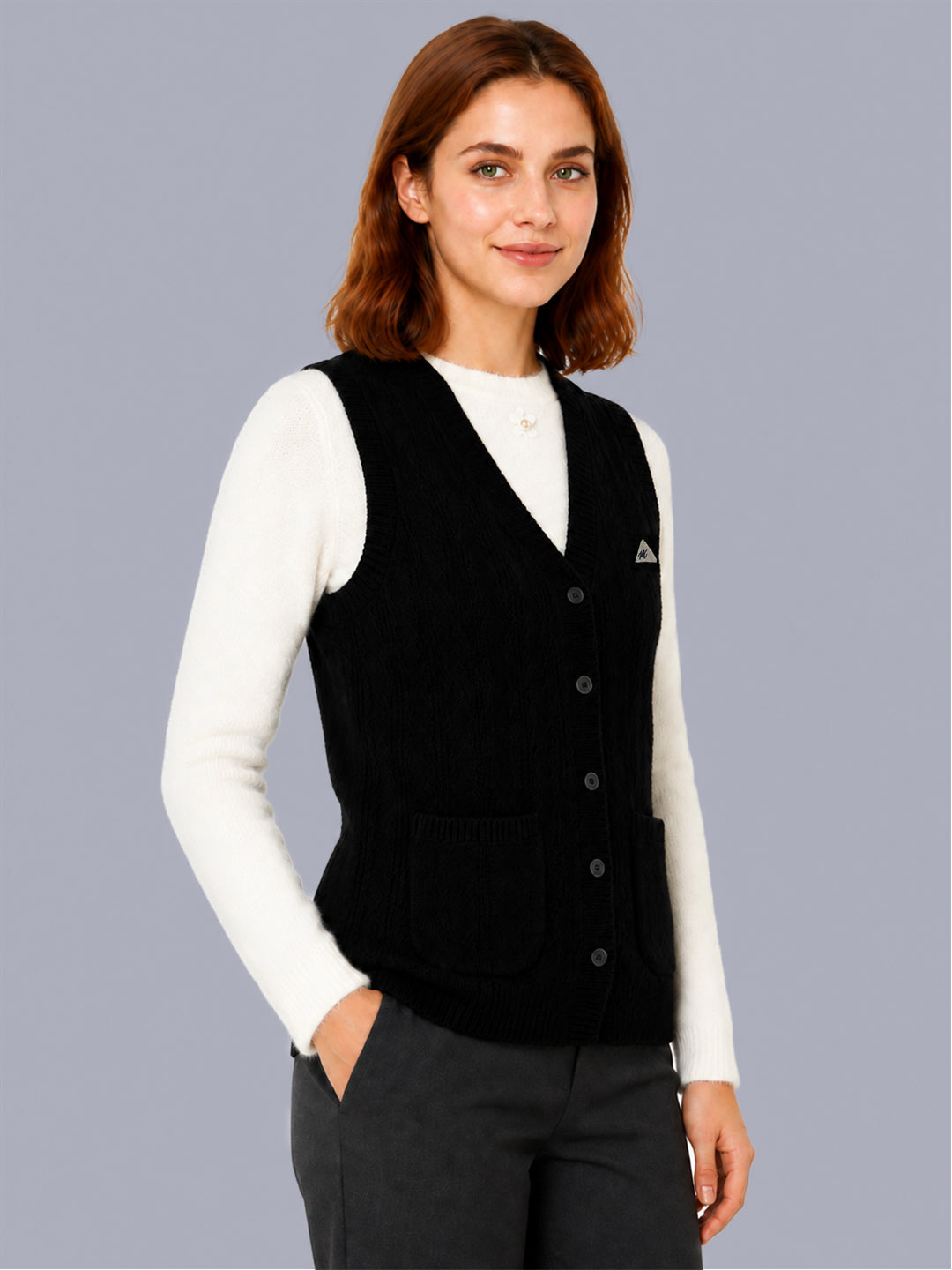 Women Black Self Design V Neck Sleeveless Cardigan