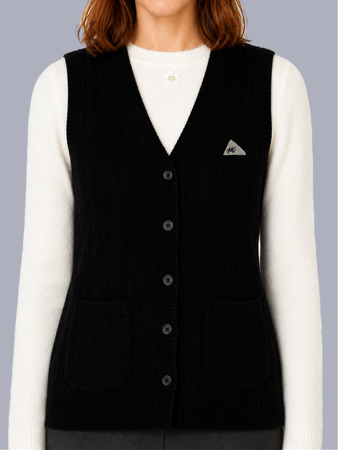Women Black Self Design V Neck Sleeveless Cardigan